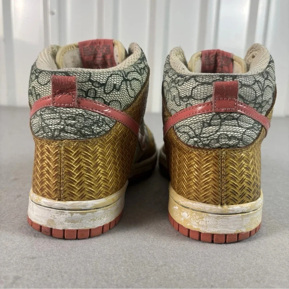 Nike Dunk High Premium Wmns Gold Lace‎ Floral Print Pink Swoosh Sneakers Size 9
